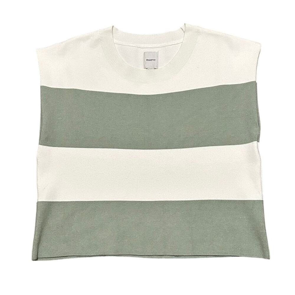 Maeve Anthropologie Sweater Vest Women's Size Med Green Ivory Striped Knit Top - Picture 2 of 9